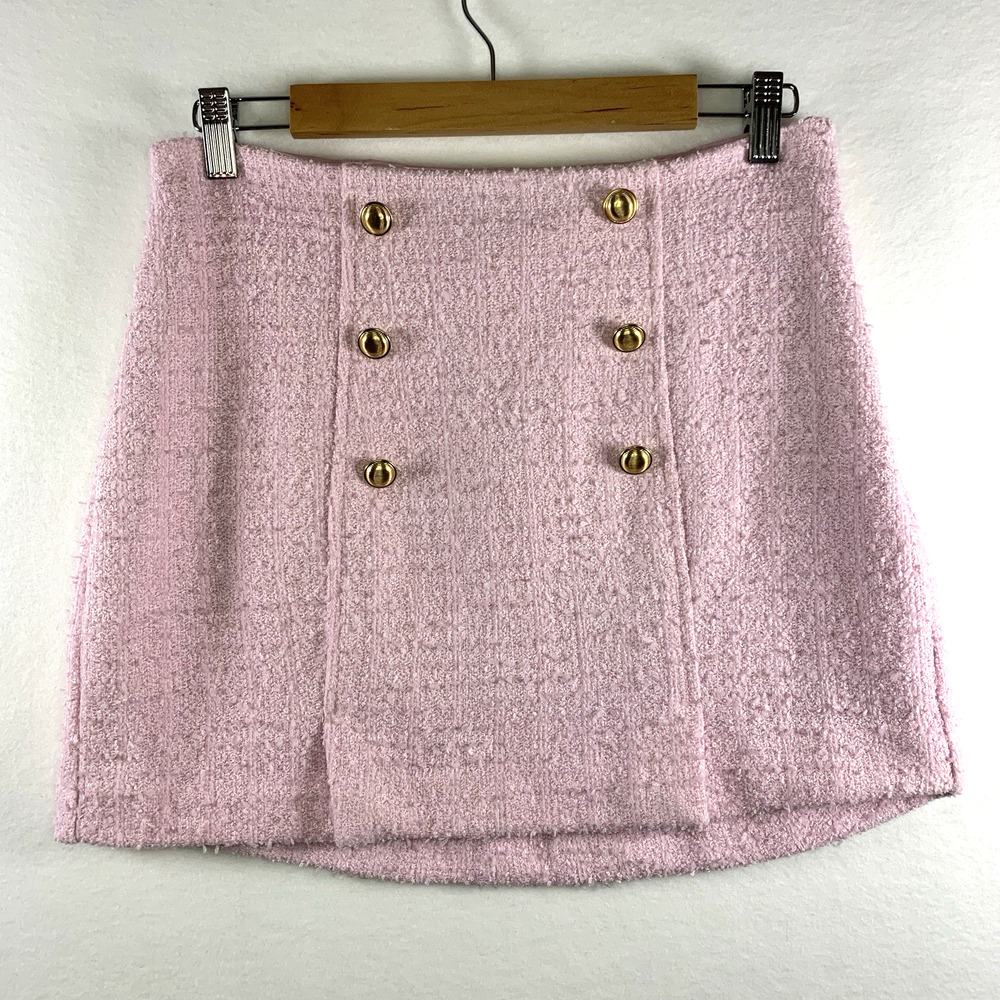 Express Pink Tweed Mini Skirt with Gold Buttons